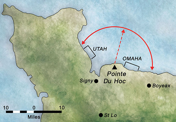 Map showing the range of the 155 mm guns on Pointe du Hoc