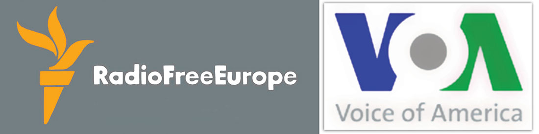 Logos of Voice of America and Radio Free Europe.