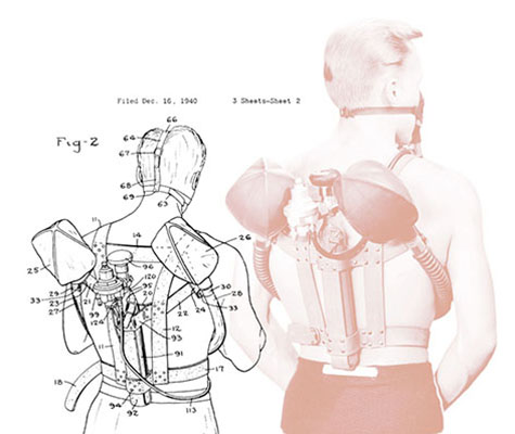 Dr. Lambertsen models the LARU Mark I in 1940. Beside it are the original patent sketches.