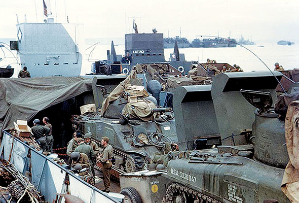 Specially modified deep water M-4 Sherman Tanks landed on D-Day to provide fire support for the infantry. Most never made it past the beach. They either flooded or were destroyed by the concentrated German fire. Mounted on the rear of the tank are two exhaust vents to allow the engine to run in the deep surf.