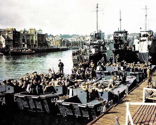The 5th Ranger Battalion aboard landing craft in Weymouth, southern England, on 1 June 1944 (D-5). They were ferried from the quay to the landing ship HMS Prince Baudouin, which carried them across the English Channel to Normandy.