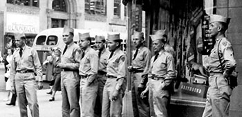 Lodge Act recruits at the Greyhound Bus terminal after a day of sightseeing in Boston. The train was also popular.