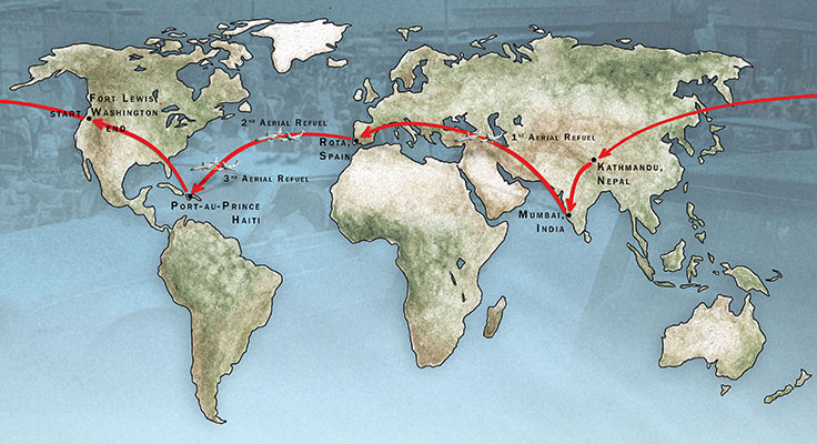 Between January and April 1995, members of ODA 155 would circle the globe. Flying westward from Fort Lewis, Washington to Nepal, the team stopped in India and Spain enroute to Haiti. In April, the team then flew back to Fort Lewis.