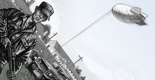 Illustration of the Mobile Radio Broadcasting Company testing an inflated balloon to float leaflets across battle lines.