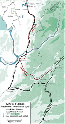 Route of the MARS Task Force in Burma, December 1944-March 1945.