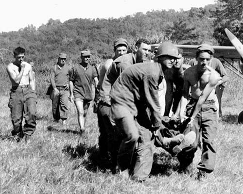 Once a place was found on which to land a light plane, wounded and sick soldiers were evacuated by air to hospitals in the rear.