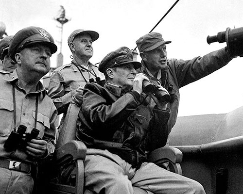 General MacArthur watches the bombardment of Inch&rsquo;on from the bridge of the USS Mount McKinley with MG E.K. Wright, Vice Admiral A.D. Struble, and MG Edward M. Almond, X Corps commander.
