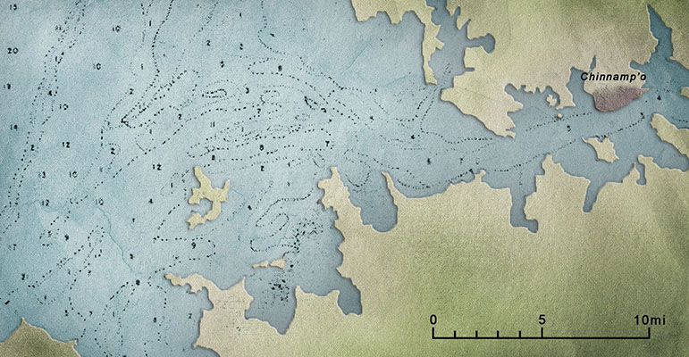 The high west coast tides and shallow channels made clearance of the sea approaches to Chinnamp&rsquo;o dangerous and very challenging.