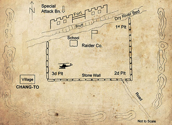 Sketch of Chang-to showing the positions of the 1st Raider Company and the SAB on the evening of 13 January 1951.