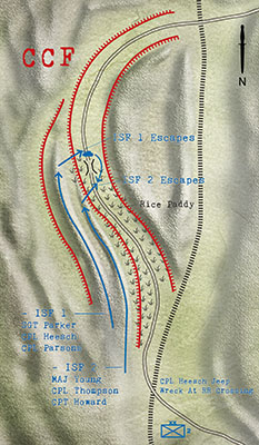 Map depicts the routes of the ISF combat patrols sent forward to clear the fire blocks on the left flank of the column and escape routes.