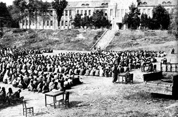NKPA POWs were initially brought to the ceremonial field below Kim Il-Sung&rsquo;s government office building in P&rsquo;yongyang.