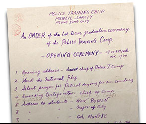 Vital to restoring order to P&rsquo;yongyang was a competent police force. The first class from the Police Training Camp graduated on 12 November 1950, with speeches given by BG Bowen of the 187th ARCT, the mayor of P&rsquo;yongyang, and COL Munske. 
