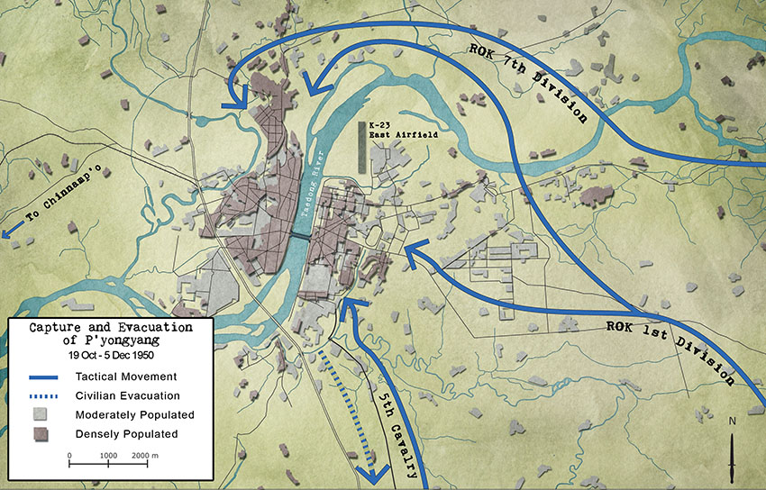 Map depicts UN assault on P&rsquo;yongyang by the ROK 1st and 7th Divisions and the 1st Cavalry Division, 19-20 October 1950. 