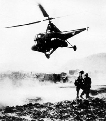 Air Force Sikorsky H-5 helicopters with patient pods flew medical evacuation missions from Drop Zone North near Munsan-ni to Seoul, twenty minutes away.