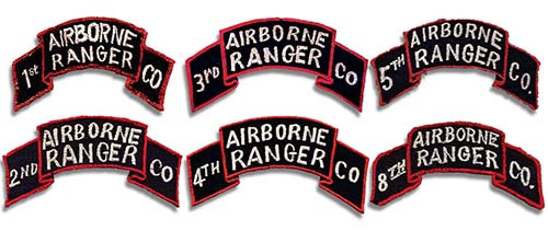 Airborne Ranger patches of the 1st, 2nd, 3rd, 4th, 5th, and 8th companies.