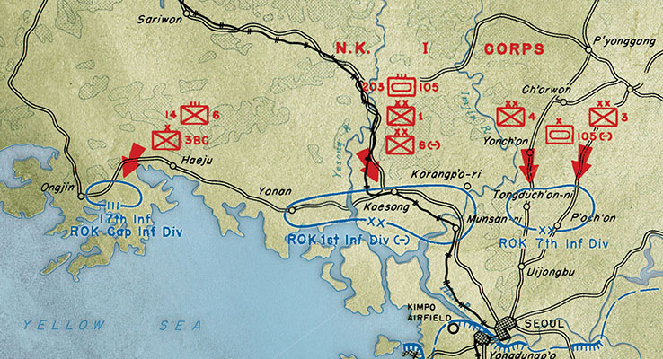 When his 12th Regiment was smashed at Kaesong and Yonan, COL Paik Sun-yup, the 1st ROK Division commander joined the 11th and 13th Regiments at Munsan-ni-Korangp&rsquo;ori.