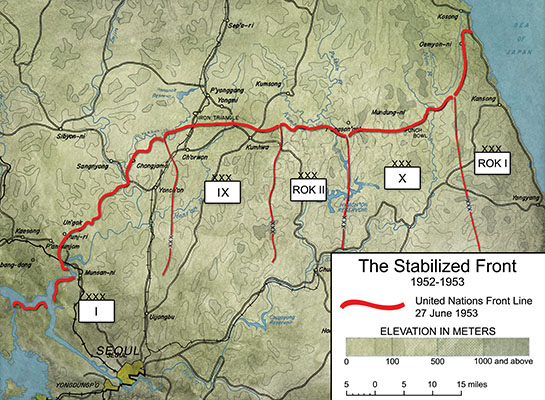 The Main Line of Resistance (MLR) in Korea, 1952-1953, showing the three U.S. and two R.O.K. corps sectors