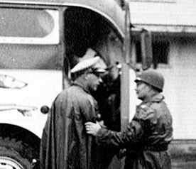 LTC Homer E. Shields says goodbye to Colonel Ellsworth H. &ldquo;Whitey&rdquo; Gruber, Psychological Warfare Division, Fort Riley, Kansas, on 12 July 1951.