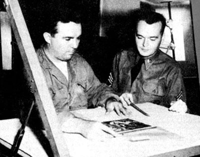 Sergeant First Class Thomas S. Anderson, 3rd Repro &ldquo;press boss,&rdquo; and CPL Woodrow W. Venters discuss photo lithography needed for a Psywar leaflet.
