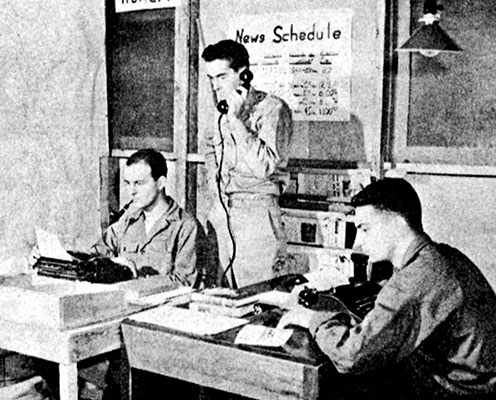 Radio script writers, SGT John Stoddard, 2LT William Eilers, and SGT Lee Nelson transform media information into powerful radio documentaries and news commentaries.