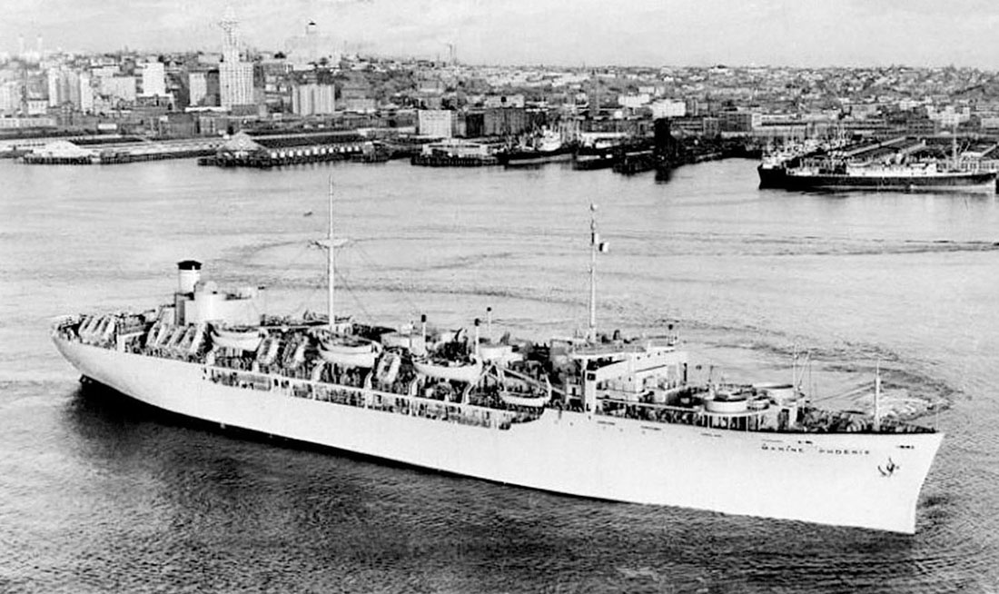 The WWII troop ship USNS Marine Phoenix T-AP-195 was acquired from the Maritime Commission Reserve (“Mothball”) Fleet in Suisun Day, California by the U.S. Navy.