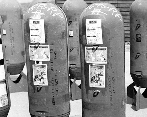 To keep track of what specific leaflets were delivered to FEAF bombing squadrons, a copy was pasted on the casing of each M129E1/E2 500 lb.