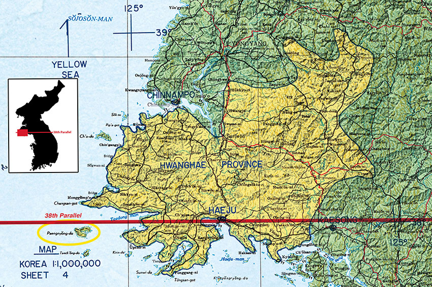 Original overlay (Tab B) from McGee’s “Attrition Warfare” plan of 13 January 1951 depicting the Hwanghae Peninsula with highlighted location of Paengnyong-do.