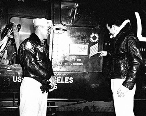 LT Dixon rescued LT junior grade Keene offshore of Wonsan. The lifesaving ring buoy with seven ‘hashmarks’ on the H-5 fuselage indicates seven rescues by LT Dixon.