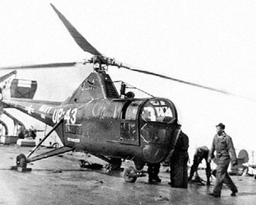 A chocked Navy H-5 Dragonfly aboard LST-799 in 1952.