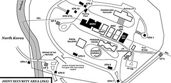 The Joint Security Area, Panmunjom, Korea in 1984. The sunken garden, south of the     Freedom House, was the location where then SSG Lamb and his squad helped stop the North Korean Army incursion during the “Soviet Defector Firefight.”